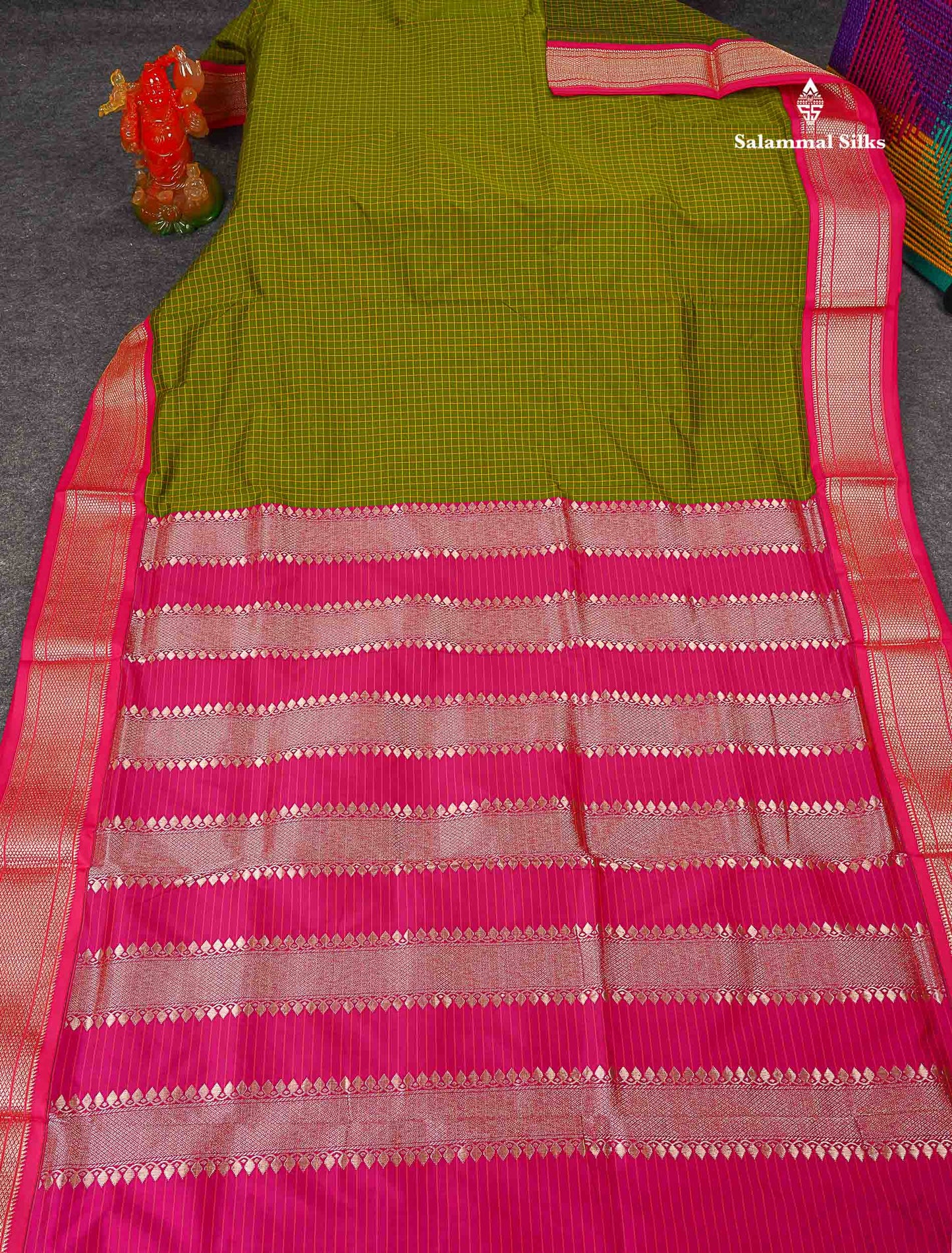 Semi Silk Saree - Olive Green Colour Body Small Checks With Traditional Pink Border | 9.5 Yards