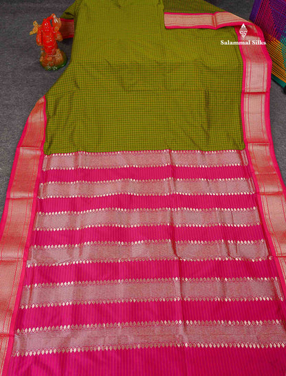 Semi Silk Saree - Olive Green Colour Body Small Checks With Traditional Pink Border | 9.5 Yards