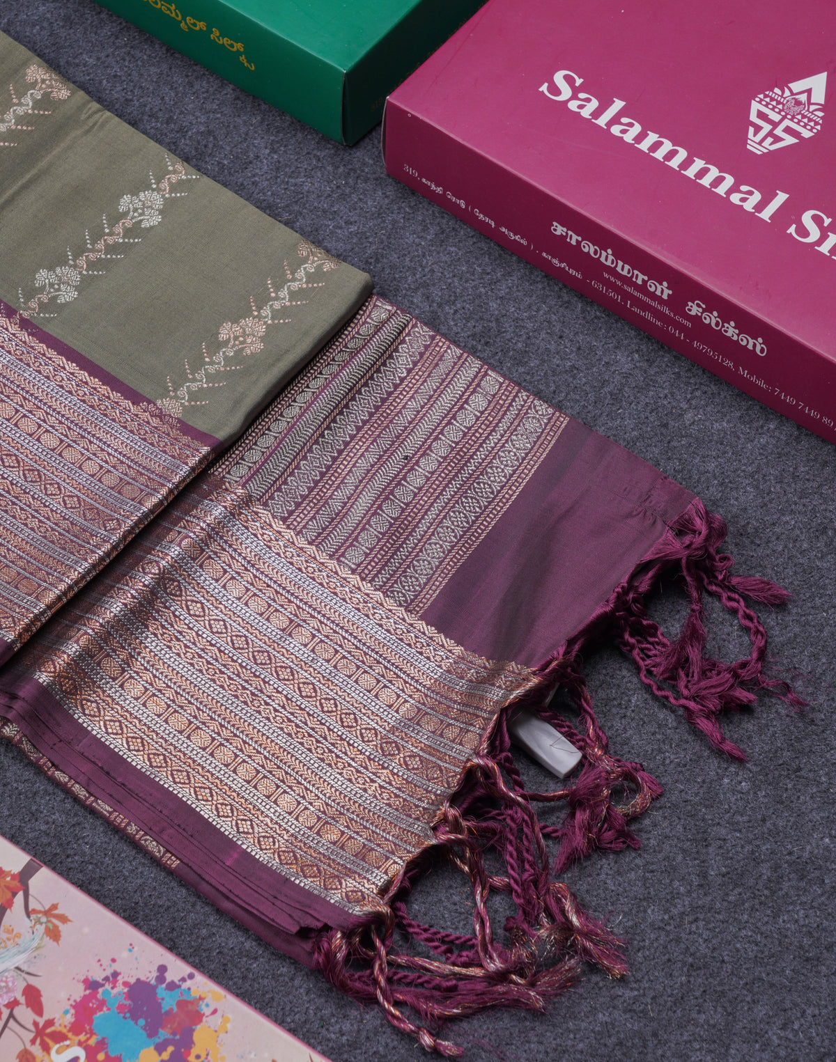 Beautiful Olive Green Pure Kanjivaram Soft Silk Saree With Contrast Dark Magenta Border