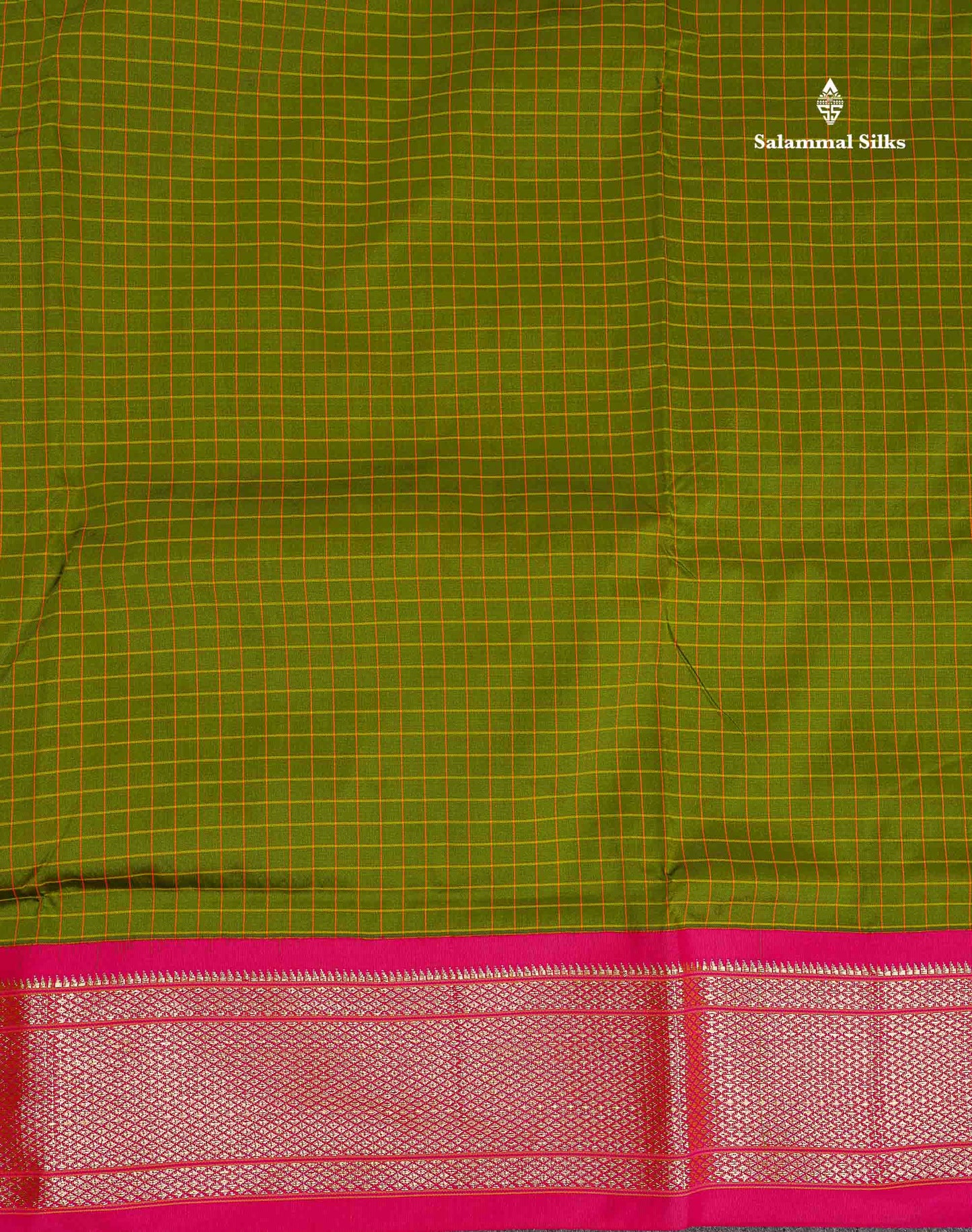 Semi Silk Saree - Olive Green Colour Body Small Checks With Traditional Pink Border | 9.5 Yards