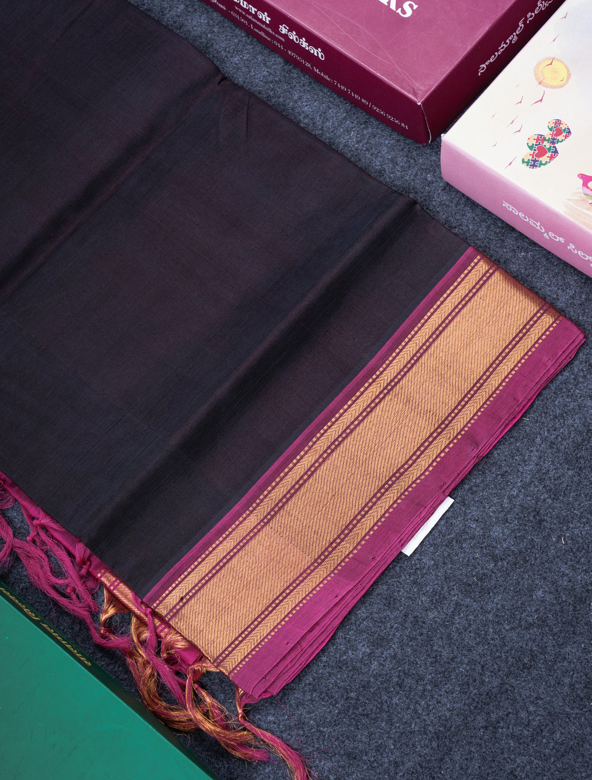 Dark Brown Plain Pure Silk Cotton Saree With Contrast Magenta Pink Blouse