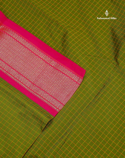 Semi Silk Saree - Olive Green Colour Body Small Checks With Traditional Pink Border | 9.5 Yards