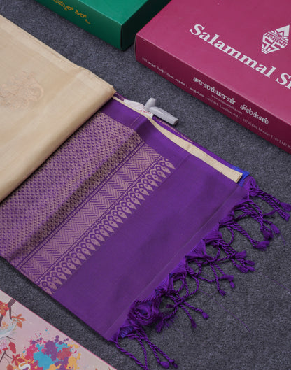 Beautiful Cream Sandal Pure Kanjivaram Soft Silk Saree With Contrast Dark Purple Blouse