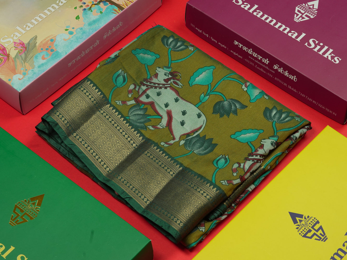 Purple Pichwai Print In Semi Raw Silk Saree With Contrast Rama Blue Traditional Border