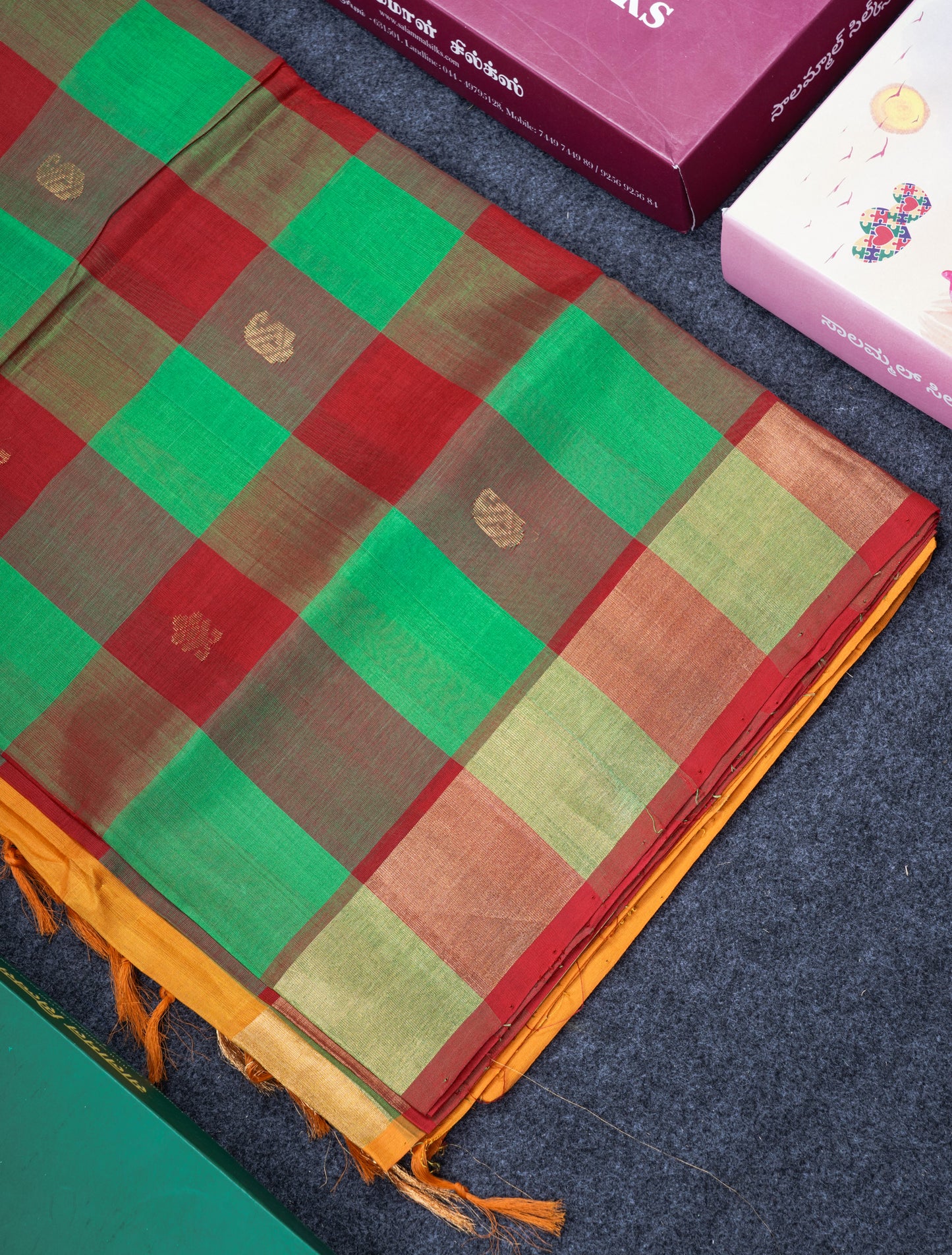 Paalum Pazham Checks Pure Silk Cotton Saree With Contrast Mustard Yellow Blouse