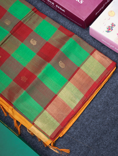 Paalum Pazham Checks Pure Silk Cotton Saree With Contrast Mustard Yellow Blouse