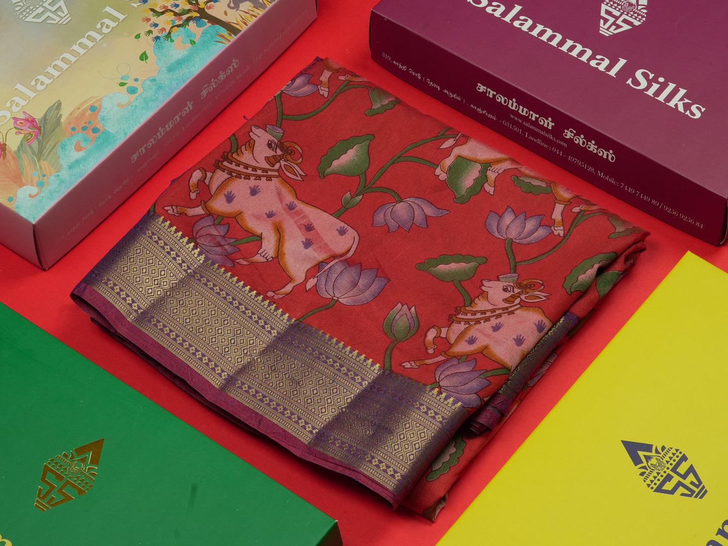 Purple Pichwai Print In Semi Raw Silk Saree With Contrast Rama Blue Traditional Border