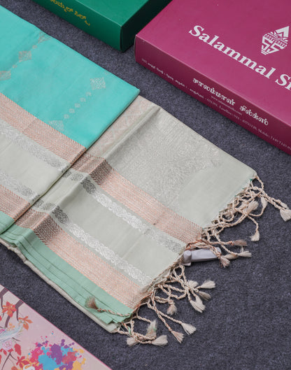 Beautiful Sea Green Pure Kanjivaram Soft Silk Saree With Contrast Cream Green Border