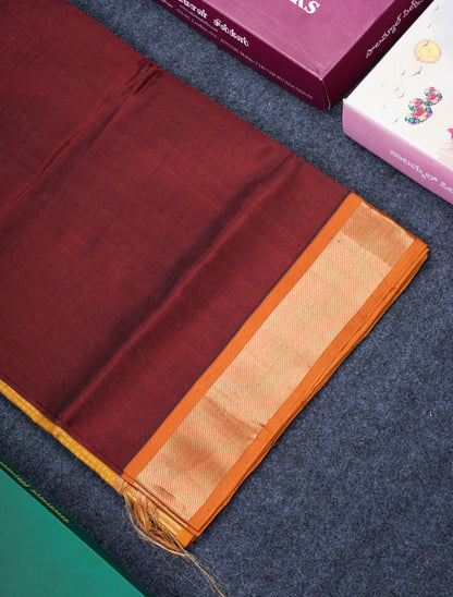 Dark Maroon Plain Pure Silk Cotton Saree With Contrast Mustard Yellow Blouse