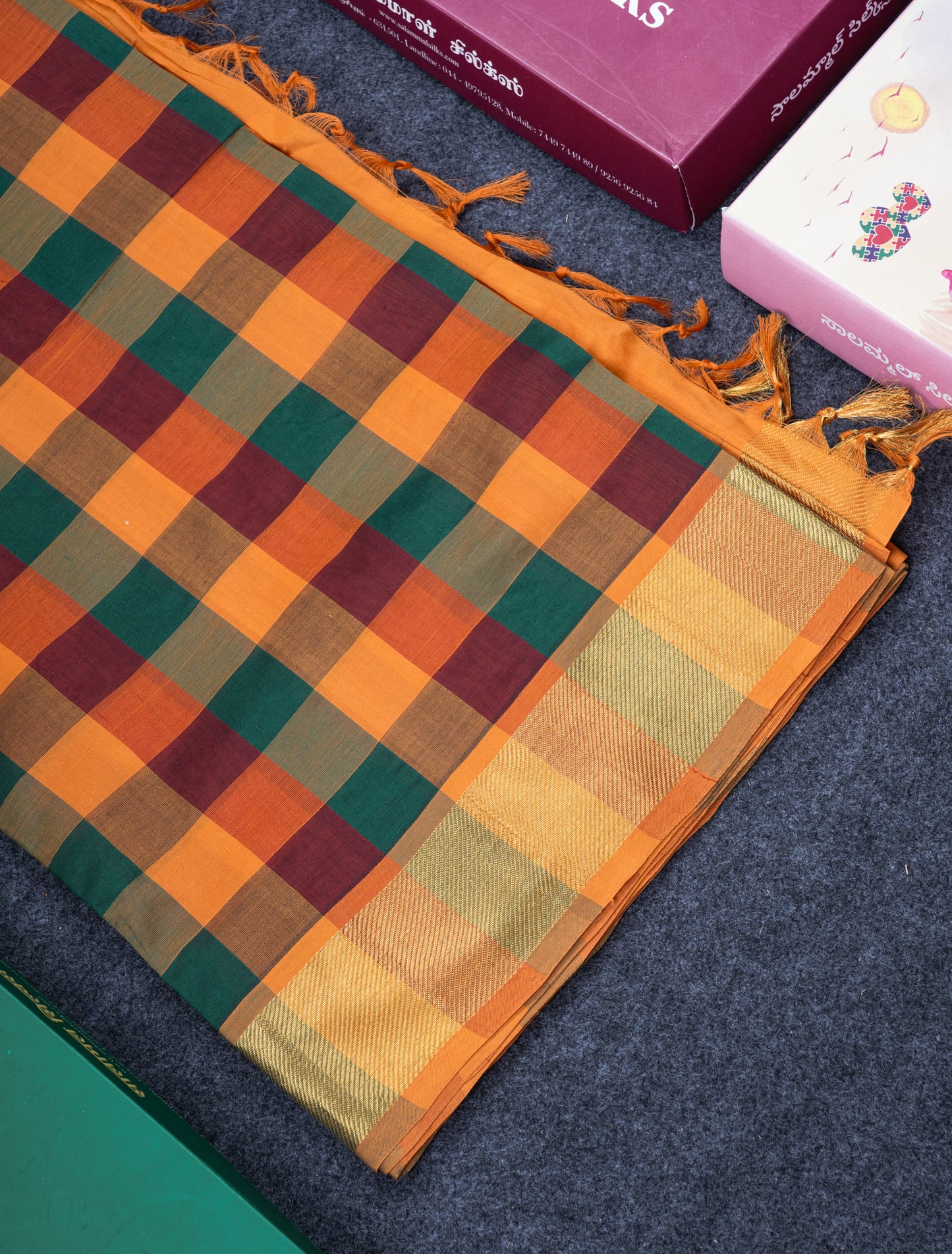 Beautiful Paalum Pazham Checks Handloom Pure Silk Cotton Saree With Contrast Mustard Yellow Blouse