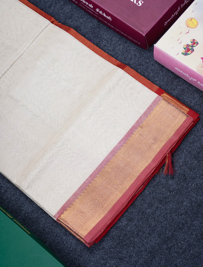 Half White Plain Pure Silk Cotton Saree With Contrast Chilly Red Blouse