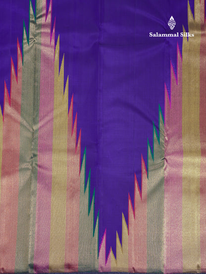 Beautiful Dual Tone Navy Blue 8Kol Pure Kanjivaram Silk Saree With Traditional Temple Border