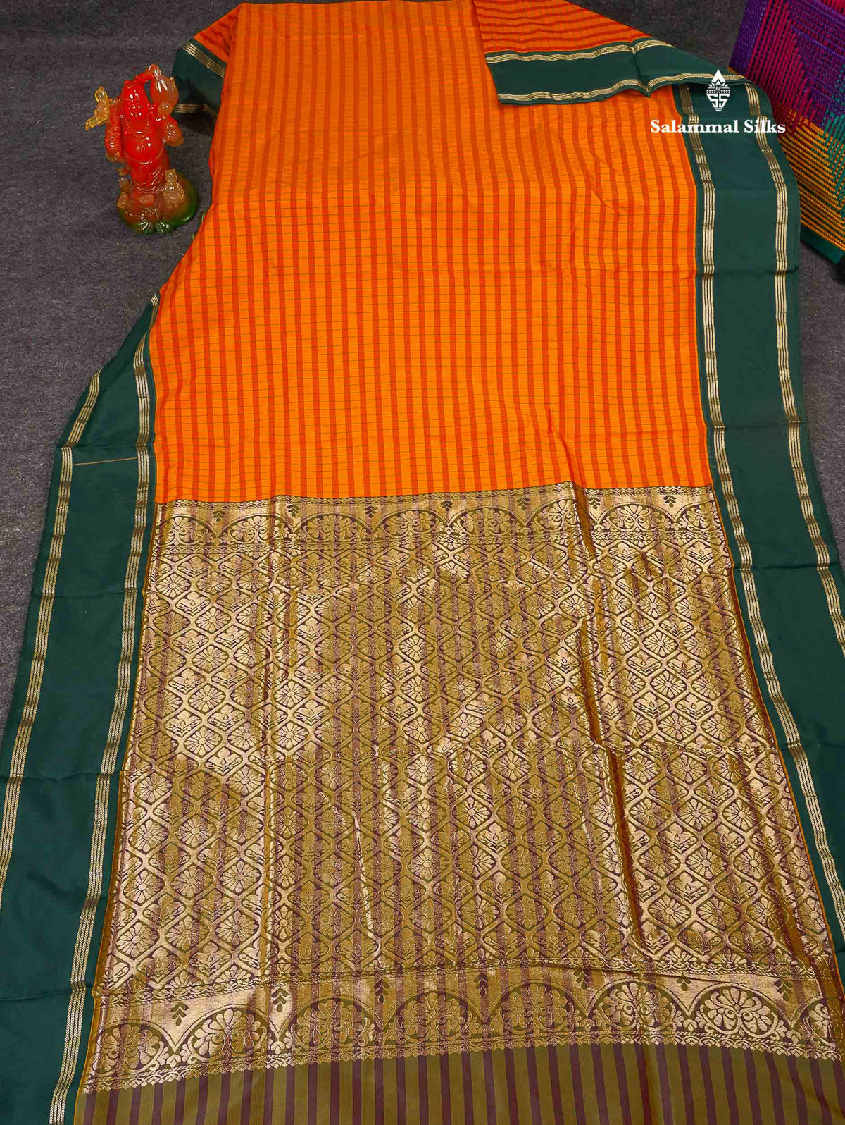 Semi Silk Saree - Yellow & Orange Colour Body Checks With Contrast Bottle Green Traditional Gap Border | 9.5 Yards