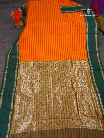 Semi Silk Saree - Yellow & Orange Colour Body Checks With Contrast Bottle Green Traditional Gap Border | 9.5 Yards