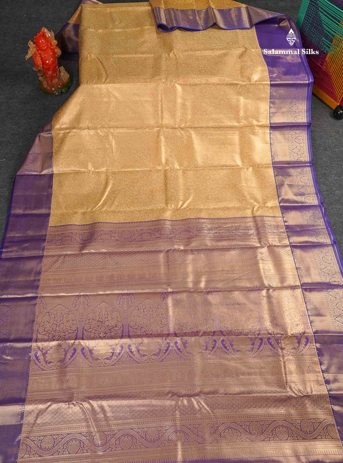 Tissue Bridal Semi Silk Saree - Sandal Colour Body With Contrast Violet Border