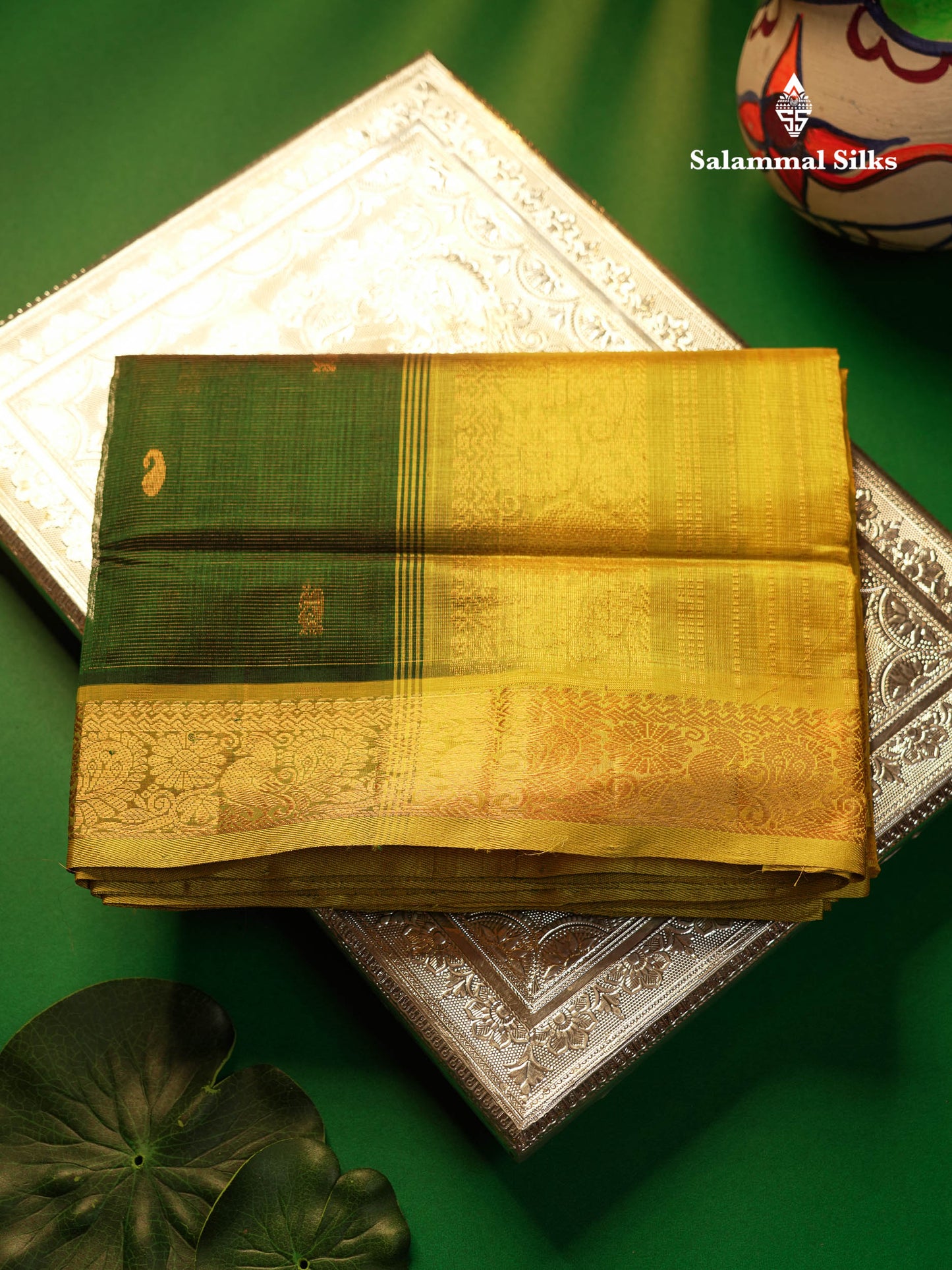 Beautiful Bottle Green Vaira Oosi With Zari Butta Semi Silk Cotton Saree With Contrast Manthulir Yellow Traditional Border