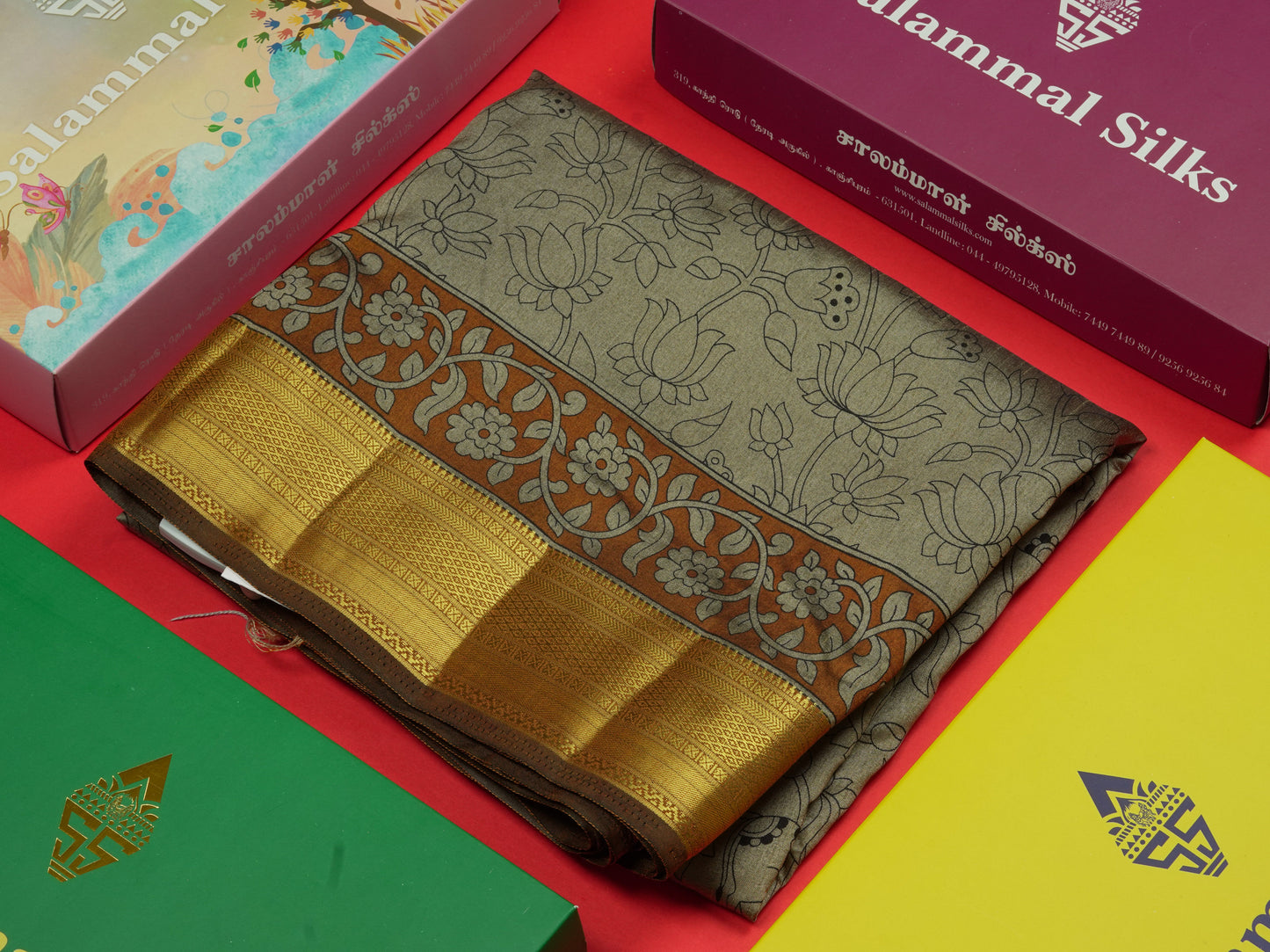 Grey Pichwai Print In Semi Raw Silk Saree With Contrast Maroon Traditional Border