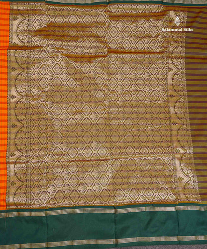 Semi Silk Saree - Yellow & Orange Colour Body Checks With Contrast Bottle Green Traditional Gap Border | 9.5 Yards