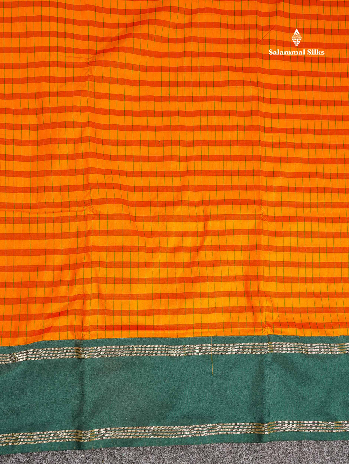 Semi Silk Saree - Yellow & Orange Colour Body Checks With Contrast Bottle Green Traditional Gap Border | 9.5 Yards
