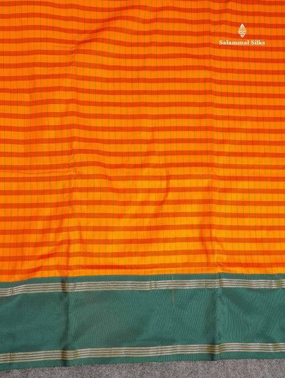 Semi Silk Saree - Yellow & Orange Colour Body Checks With Contrast Bottle Green Traditional Gap Border | 9.5 Yards