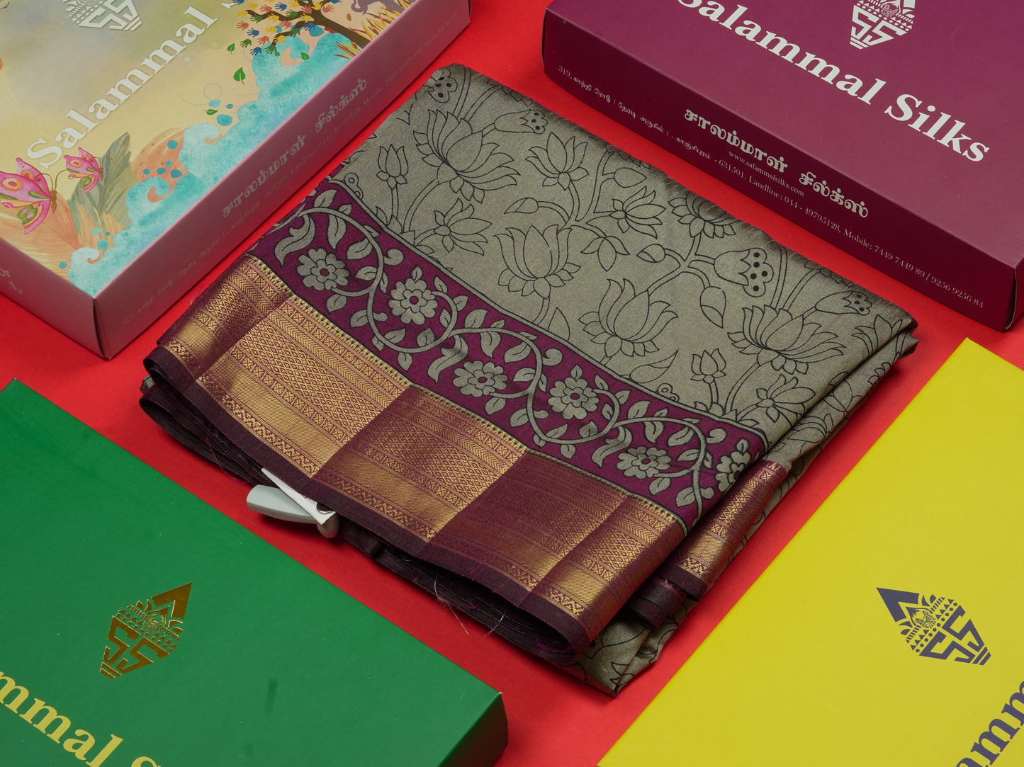 Grey Pichwai Print In Semi Raw Silk Saree With Contrast Maroon Traditional Border