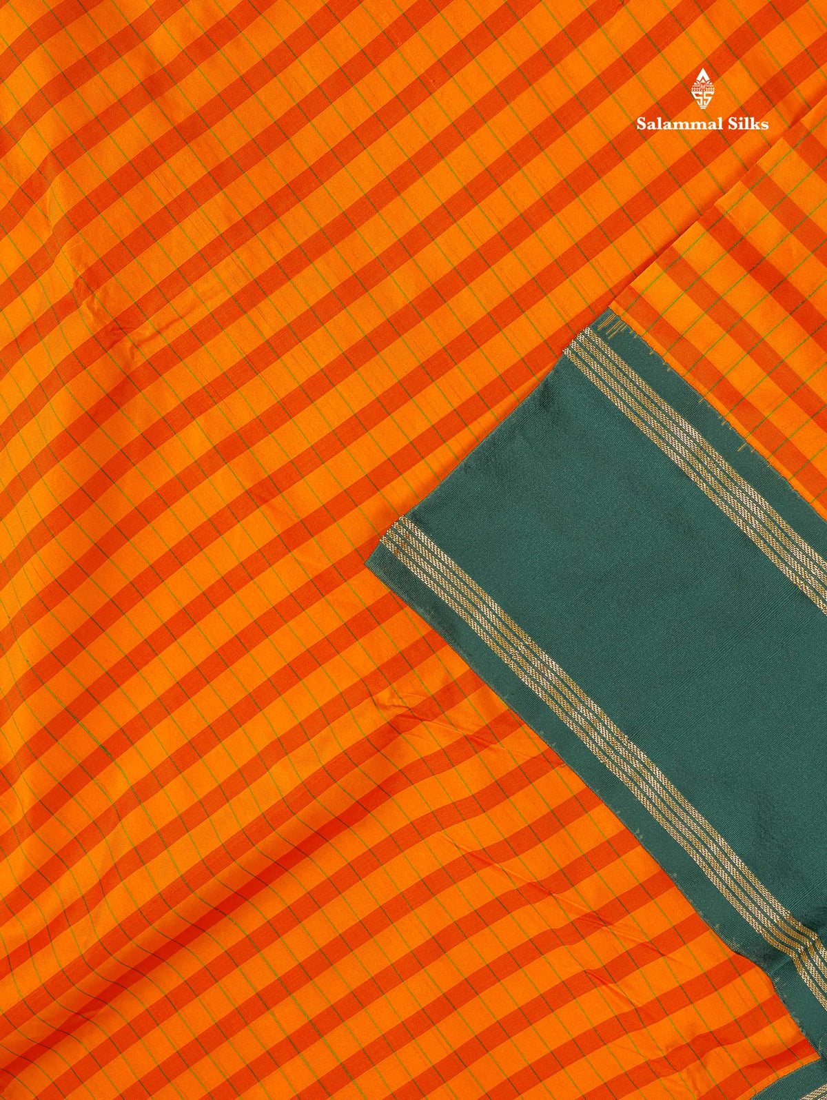 Semi Silk Saree - Yellow & Orange Colour Body Checks With Contrast Bottle Green Traditional Gap Border | 9.5 Yards