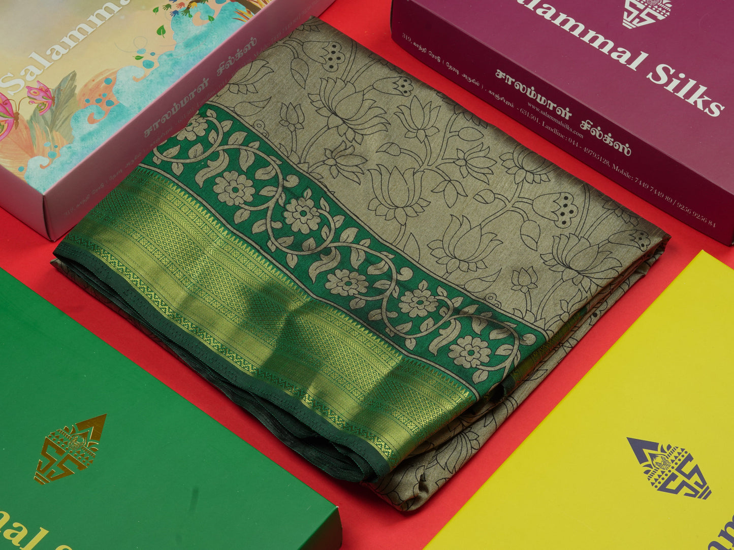 Grey Pichwai Print In Semi Raw Silk Saree With Contrast Maroon Traditional Border
