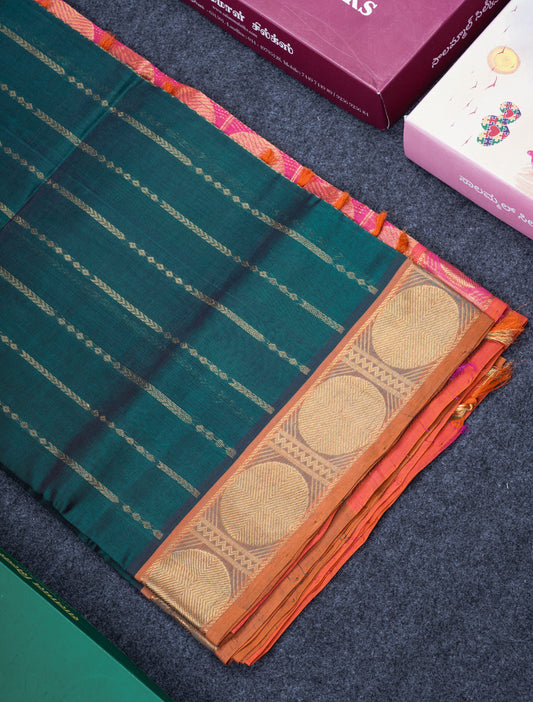 Bottle Green Pure Silk Cotton Saree With Contrast Mustard Yellow Traditional Border