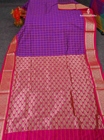 Semi Silk Saree - Dark Purple Colour Body Checks With Contrast Pink Traditional Border | 9.5 Yards