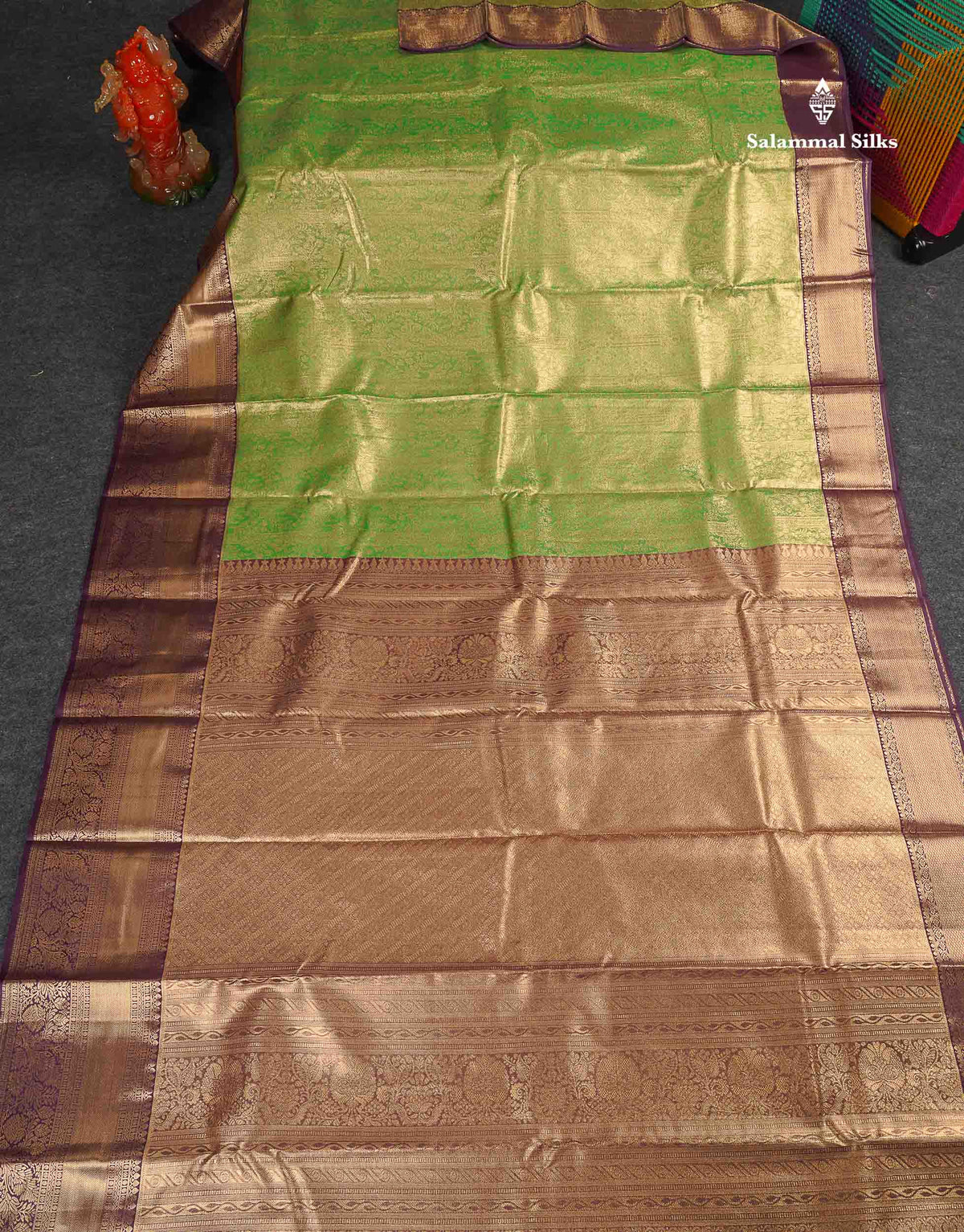 Tissue Bridal Semi Silk Saree -  Green Colour Body With Contrast Dark Purple Border