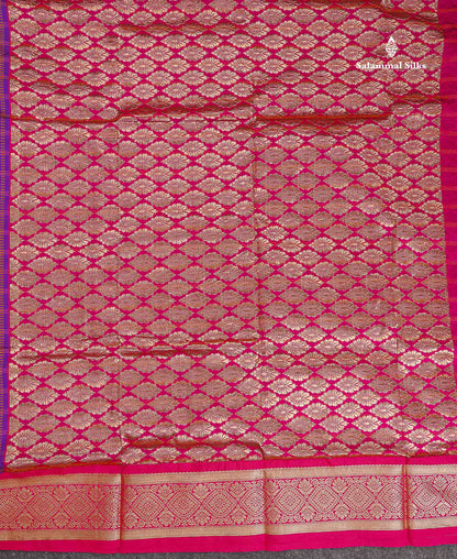 Semi Silk Saree - Dark Purple Colour Body Checks With Contrast Pink Traditional Border | 9.5 Yards