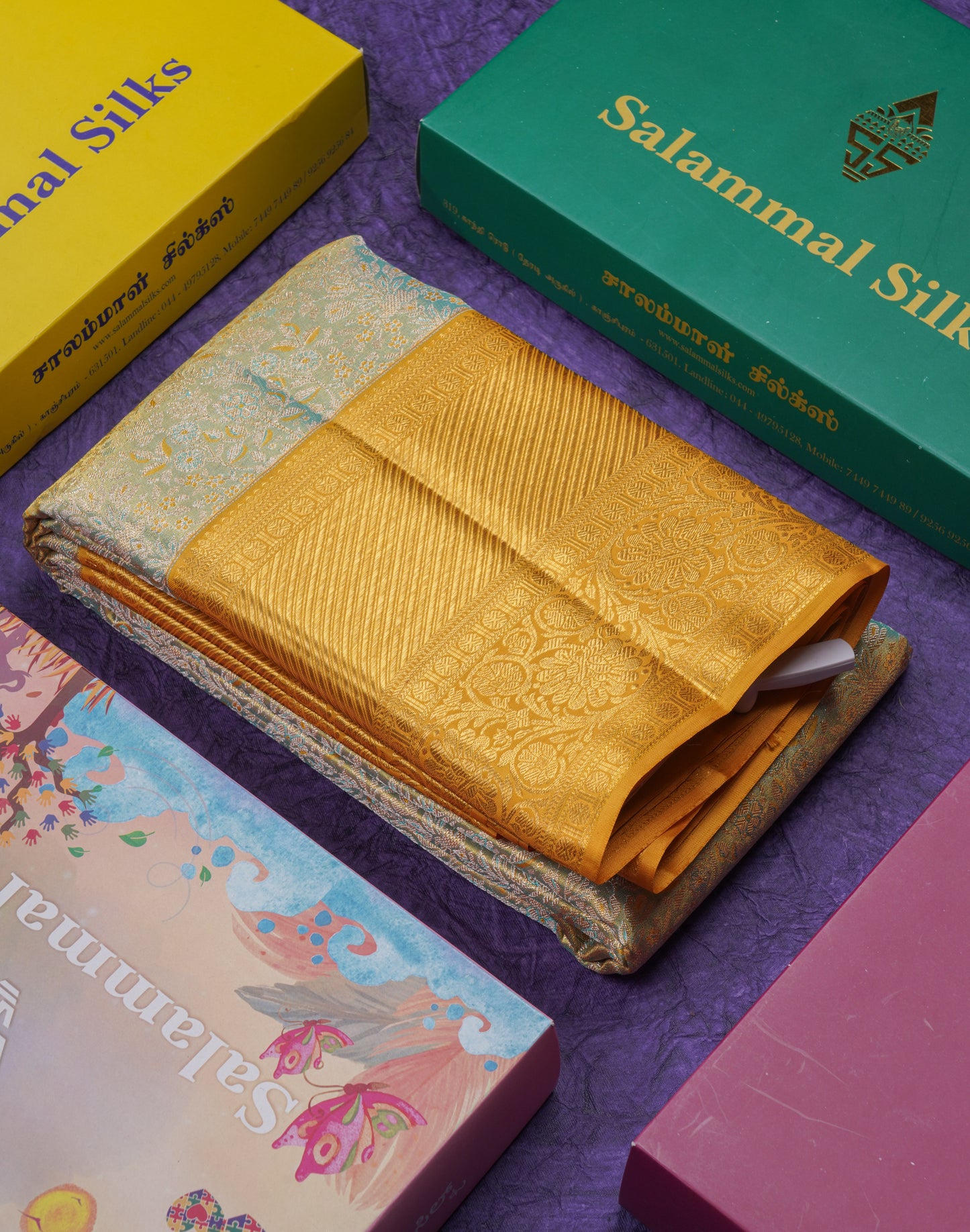 Beautiful Sapphire Green Tissue Bridal Pure Kanjivaram Silk Saree With Contrast Mustard Yellow Traditional Border