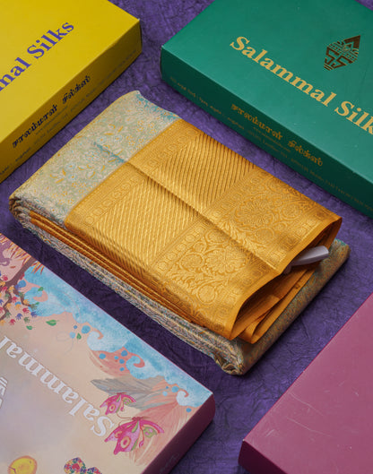 Beautiful Sapphire Green Tissue Bridal Pure Kanjivaram Silk Saree With Contrast Mustard Yellow Traditional Border