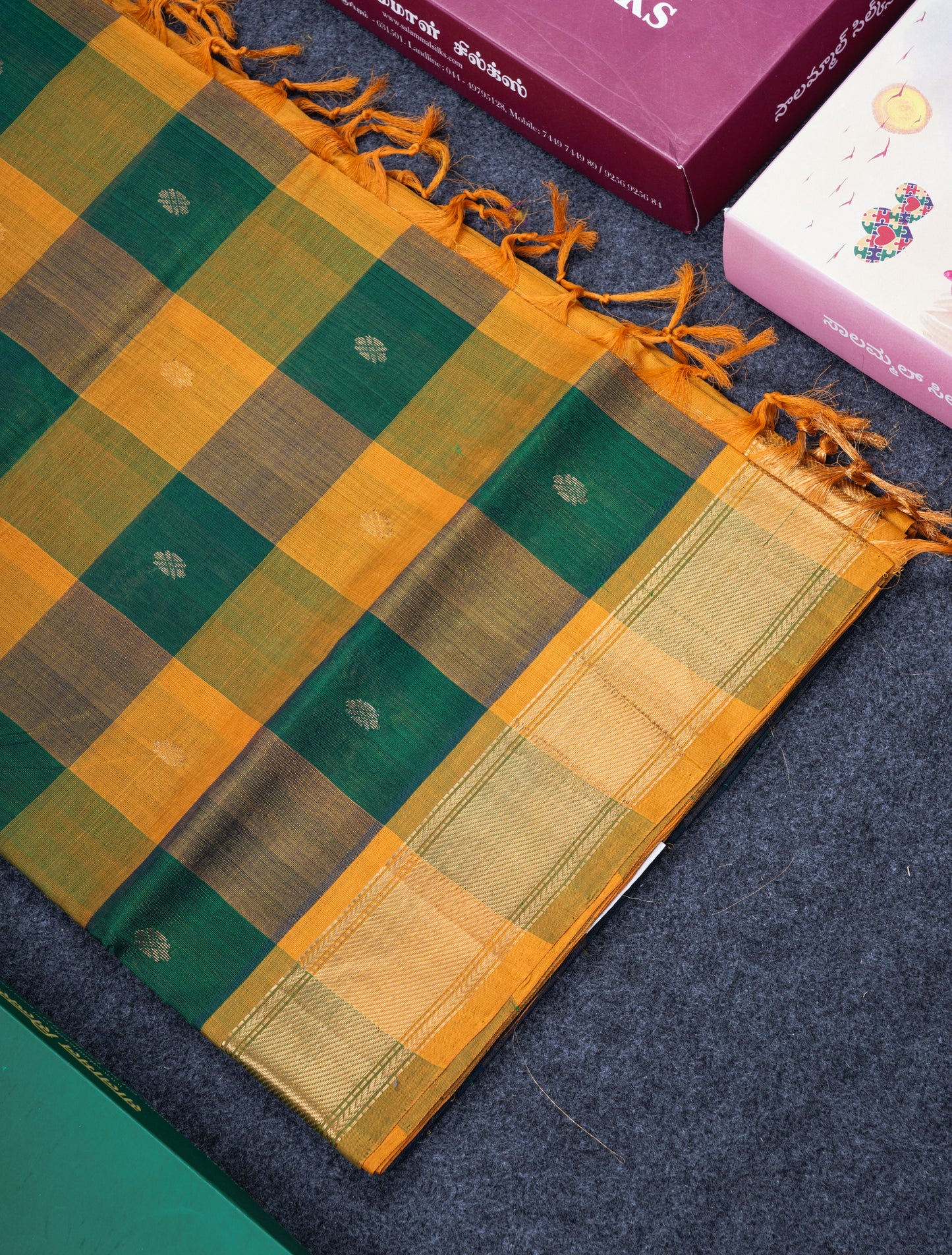 Beautiful Paalum Pazham Checks Handloom Pure Silk Cotton Saree With Contrast Mustard Yellow Blouse