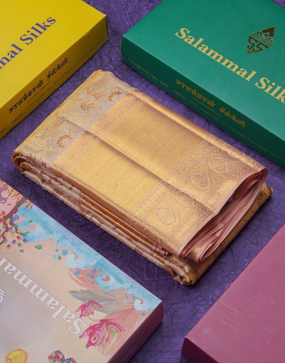 Beautiful Gold Tissue Bridal Vanasingaram Pure Kanjivaram Silk Saree With Contrast Peach Traditional Evening Morning Border
