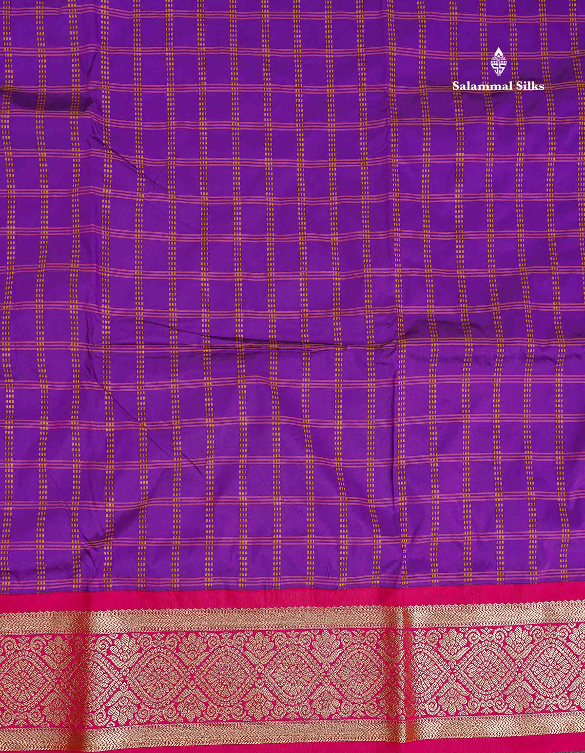 Semi Silk Saree - Dark Purple Colour Body Checks With Contrast Pink Traditional Border | 9.5 Yards