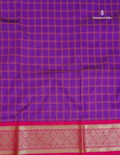 Semi Silk Saree - Dark Purple Colour Body Checks With Contrast Pink Traditional Border | 9.5 Yards
