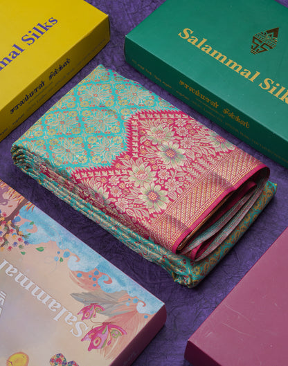 Beautiful Sapphire Green Bridal Pure Kanjivaram Silk Saree With Contrast Rani Pink Fancy Turning Border