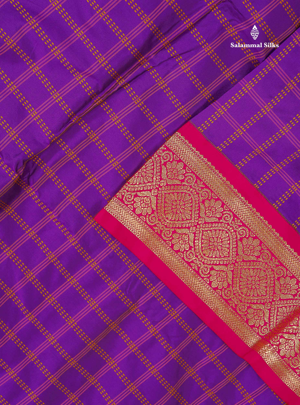 Semi Silk Saree - Dark Purple Colour Body Checks With Contrast Pink Traditional Border | 9.5 Yards