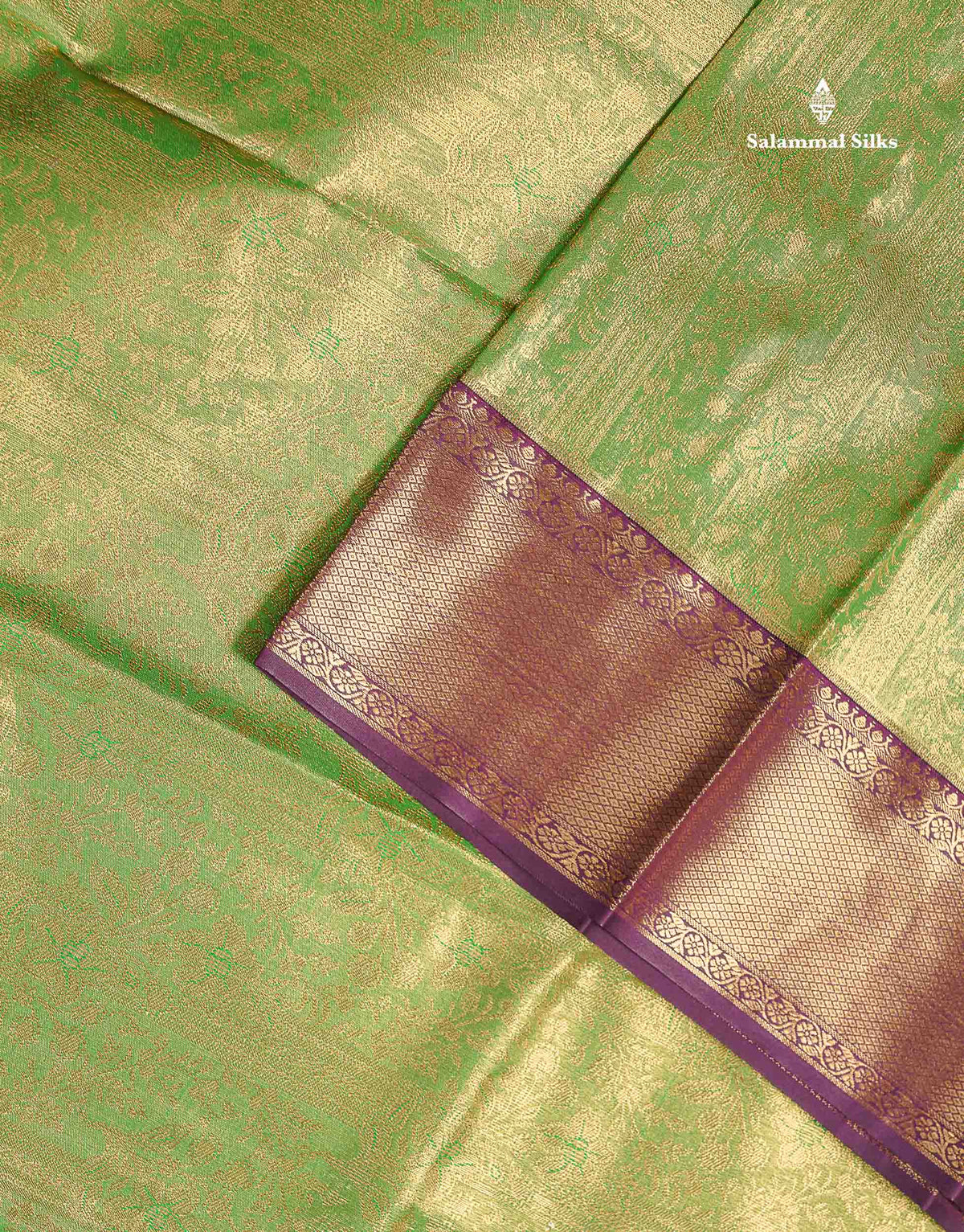 Tissue Bridal Semi Silk Saree -  Green Colour Body With Contrast Dark Purple Border