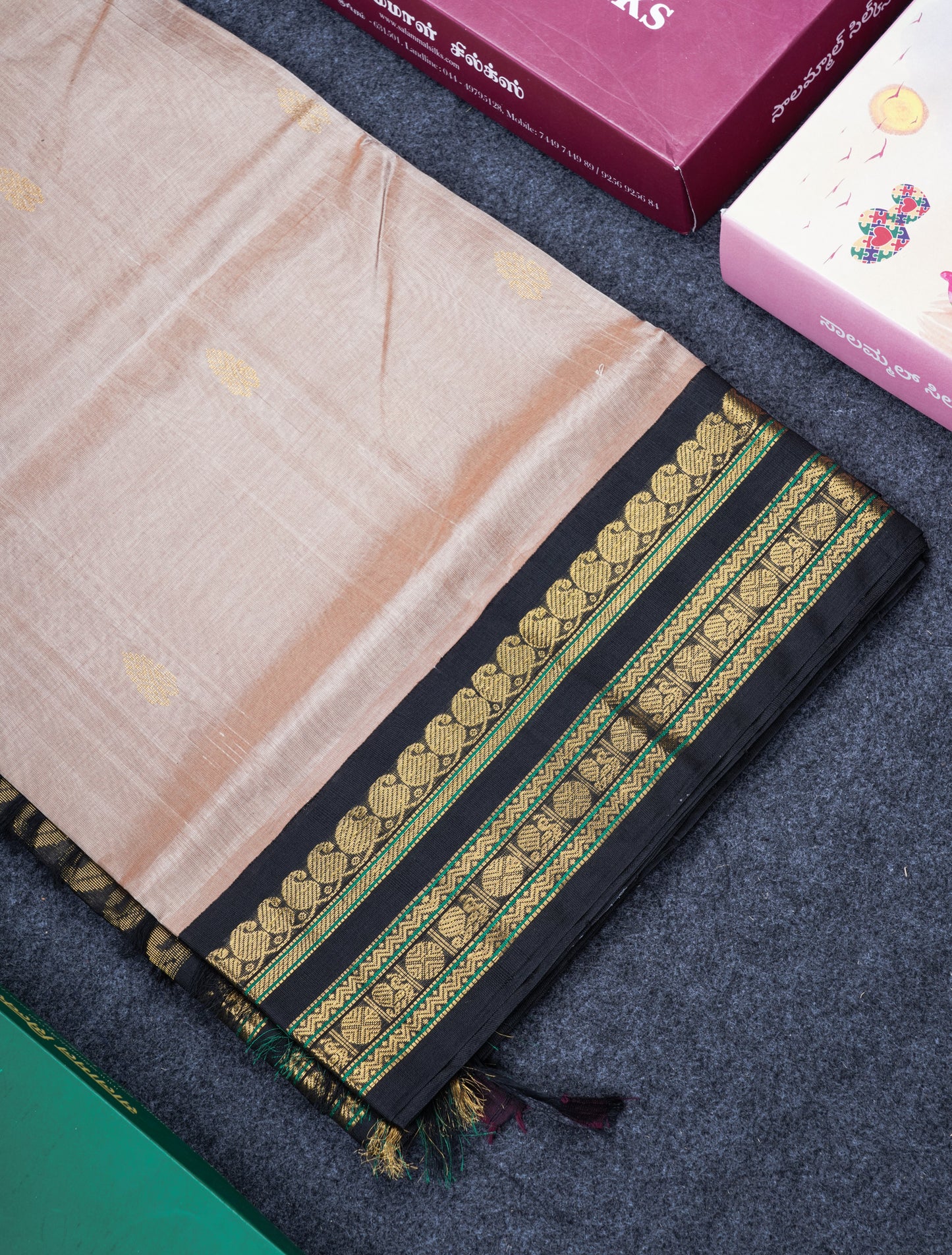 Light Brown Pure Silk Cotton Saree With Contrast Black Traditional Border