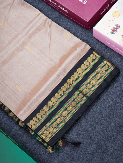 Light Brown Pure Silk Cotton Saree With Contrast Black Traditional Border