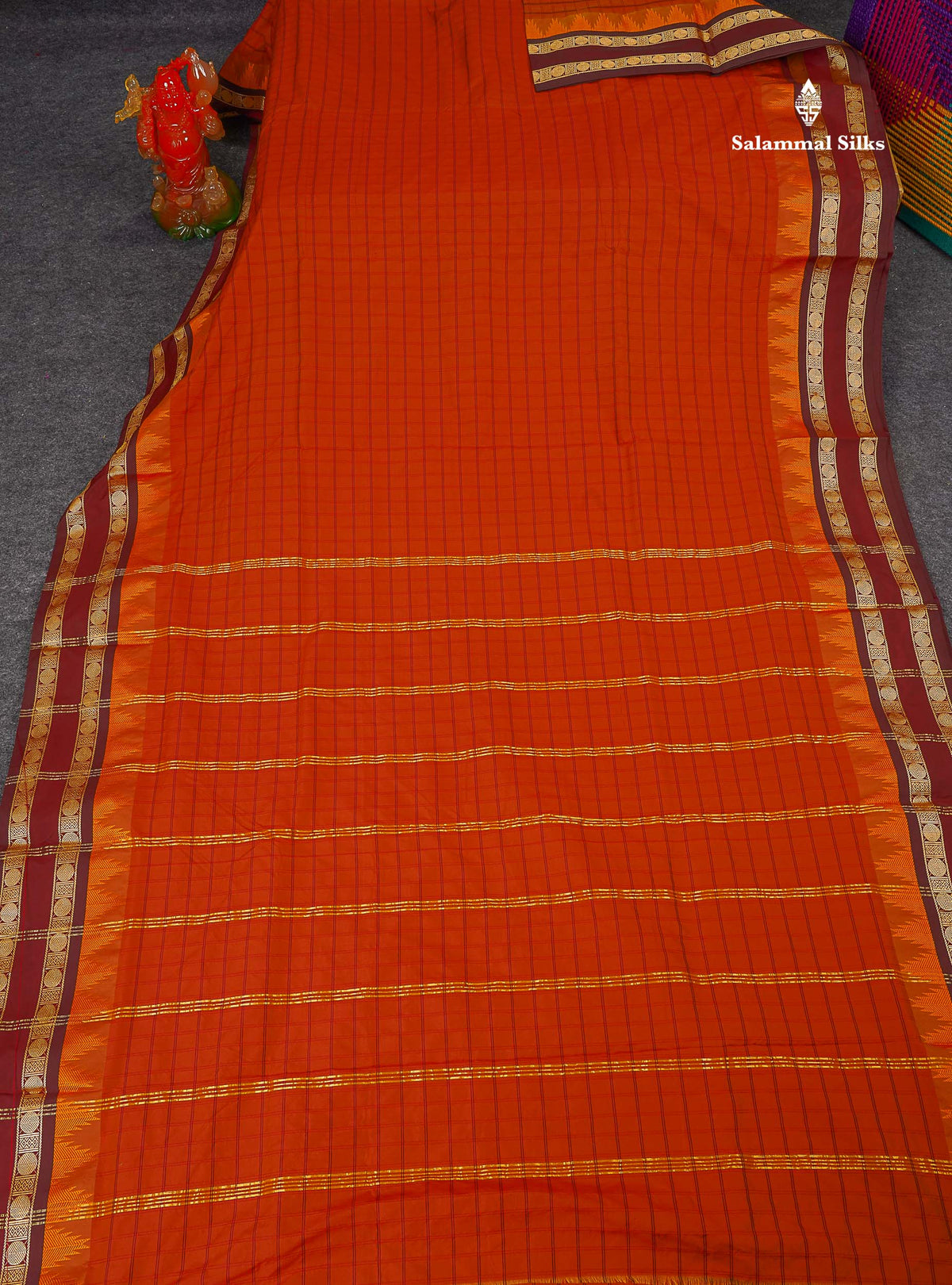 Semi Silk Saree - Rust Orange Colour Body Checks With Contrast Dark Maroon Traditional Gap & Temple Border | 9 Yards