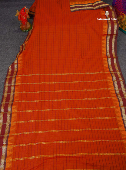 Semi Silk Saree - Rust Orange Colour Body Checks With Contrast Dark Maroon Traditional Gap & Temple Border | 9 Yards