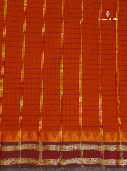 Semi Silk Saree - Rust Orange Colour Body Checks With Contrast Dark Maroon Traditional Gap & Temple Border | 9 Yards
