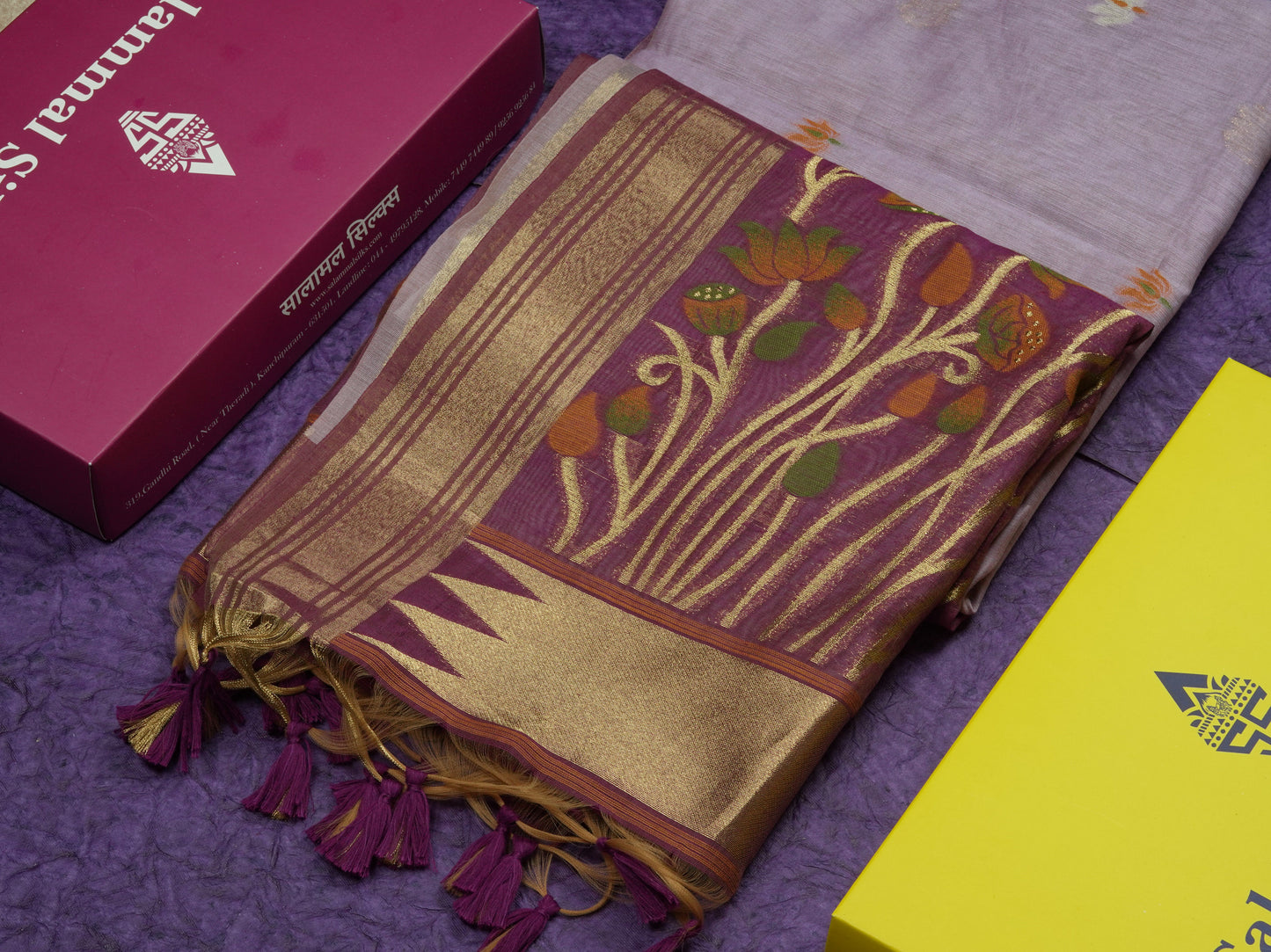 Lavender Colour Meenakari Work Muga Cotton Saree With Contrast Purple Blouse