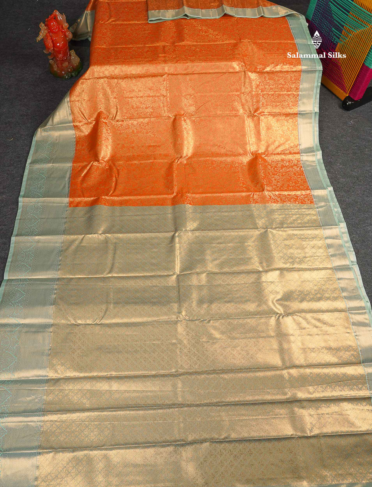 Tissue Bridal Semi Silk Saree -  Orange Colour Body With Contrast Light Green Border