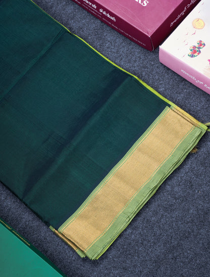 Bottle Green Plain Pure Silk Cotton Saree With Contrast Parrot Green Blouse