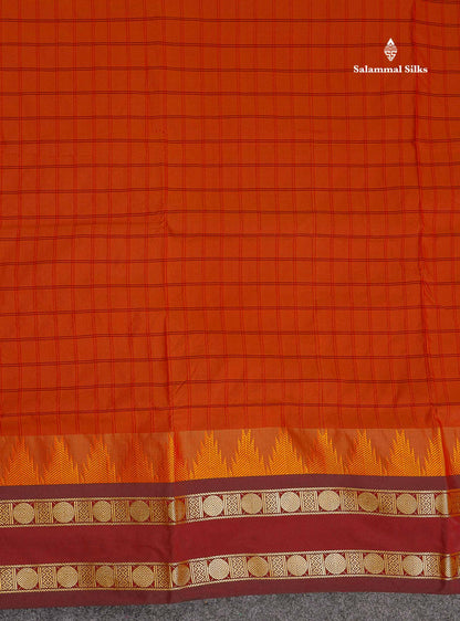 Semi Silk Saree - Rust Orange Colour Body Checks With Contrast Dark Maroon Traditional Gap & Temple Border | 9 Yards