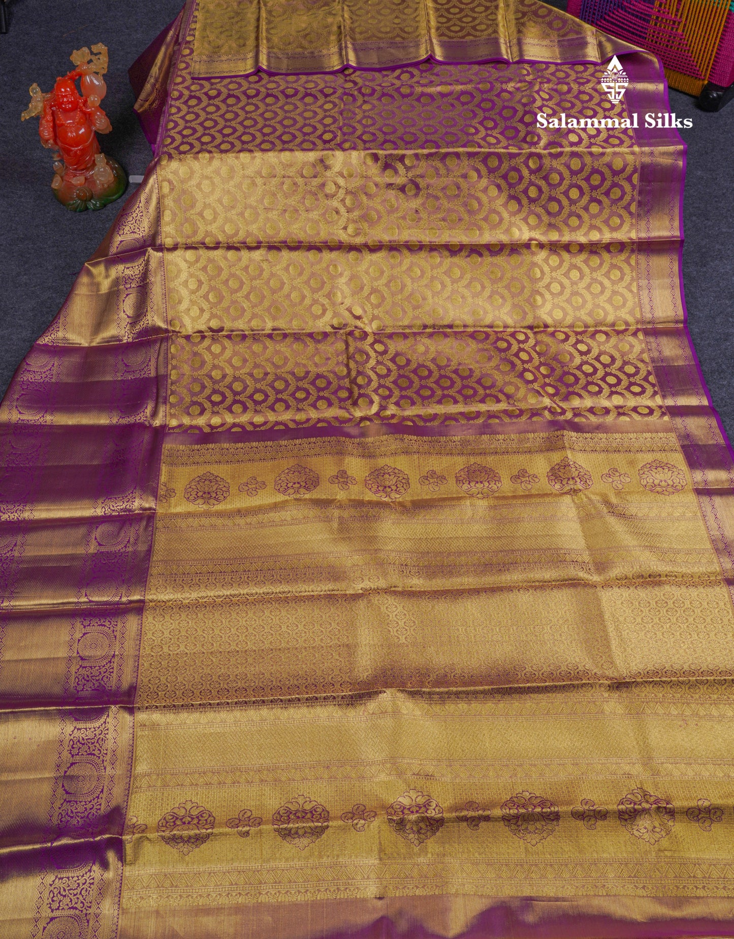 Beautiful Light Violet Tissue Bridal Pure Kanjivaram Silk Saree With Contrast Dark Purplea Traditional Evening Morning Border